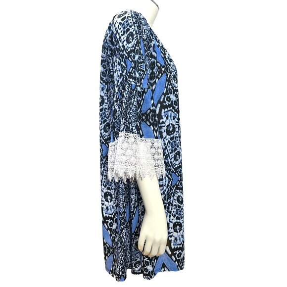 CCC Blue Black Print Off Shoulder Tunic Dress Lace Bell Sleeves Boho Style XLarg - Picture 6 of 9